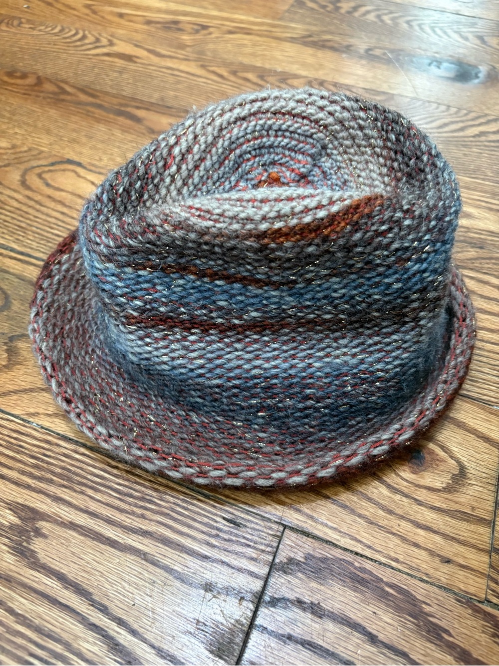 Hand-Knit Striped Fedora Hat in Brown & Blue